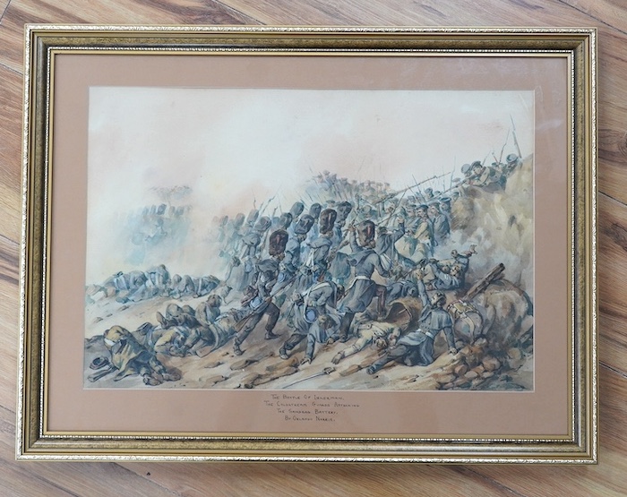 Attributed to Orlando Norie, watercolour, 'The Battle of Inkerman, The Coldstream Guards attacking the Sandbag Battery', signed, inscribed to the mount, 30 x 45cm. Condition - fair